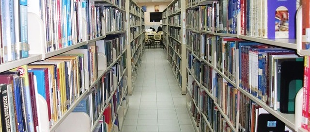 aisle between row of books in library