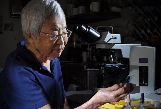 Isabella Abbott at the age of 90 in her laboratory.