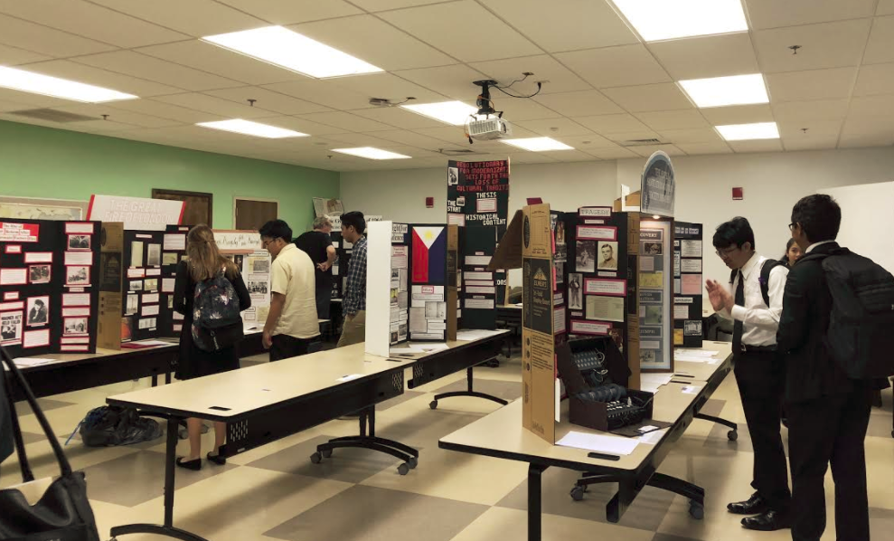 Students viewing some of the exhibits.