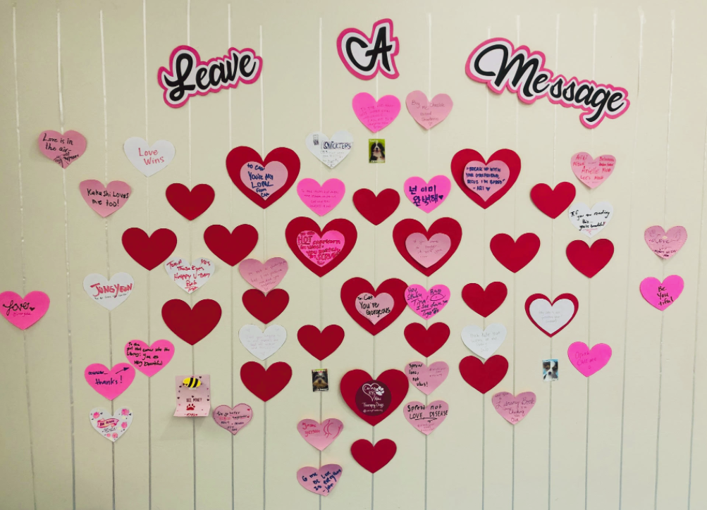 The Library set up an area to leave messages on heart-shaped paper for Valentine's Day.