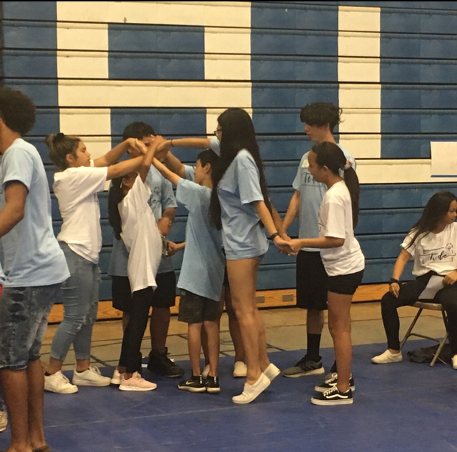 Students participating in a challenge at the leadership convention.