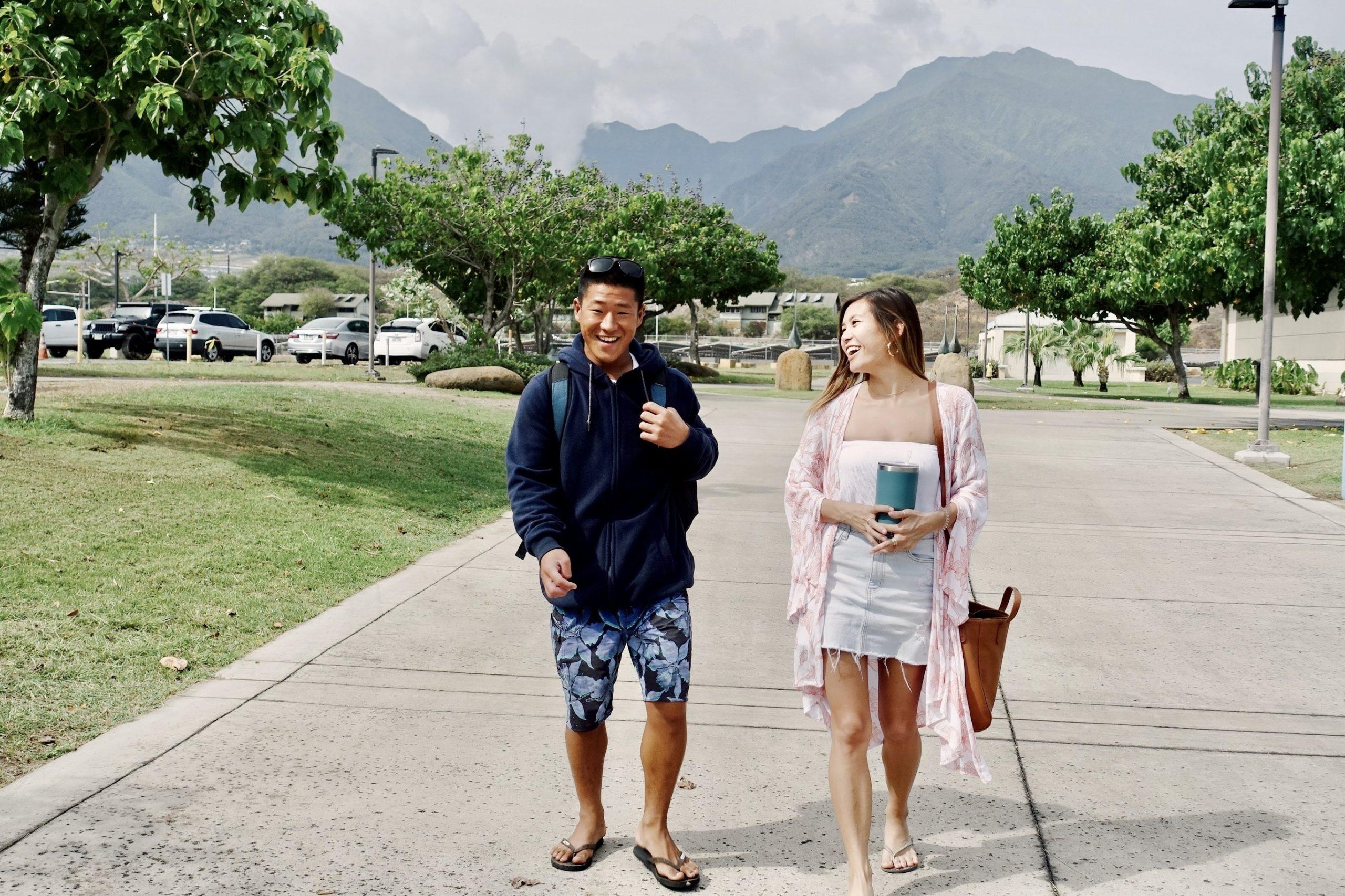 Two students walking to class